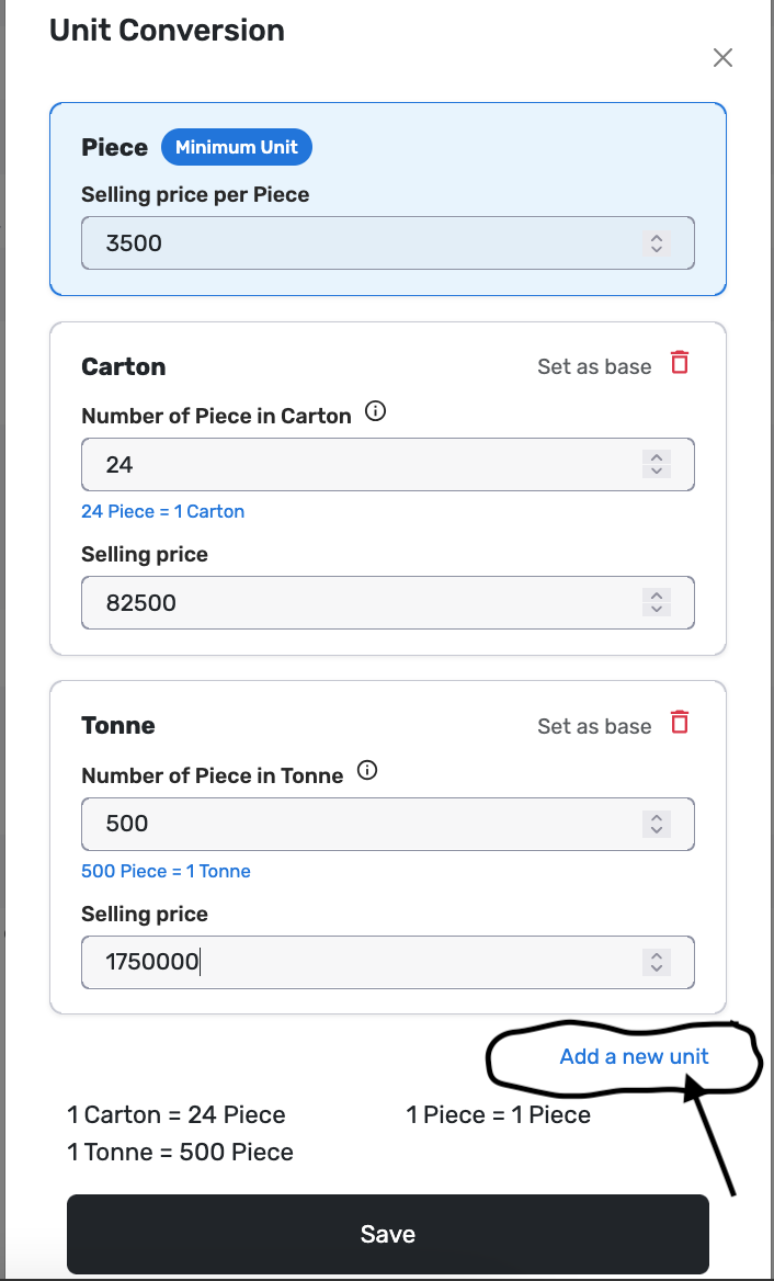 Arrow pointing to Add a new unit in the Unit Conversion modal