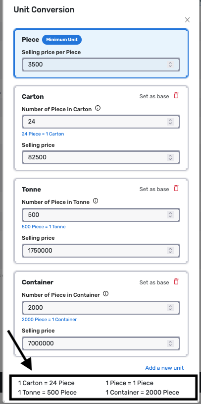 Conversion summary showing 1 Carton = 24 Piece and the other pack sizes