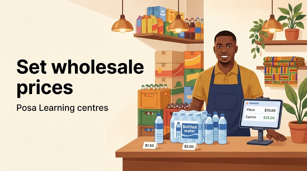 Illustration: a shop owner with bottled water sold by piece and by carton on Posa