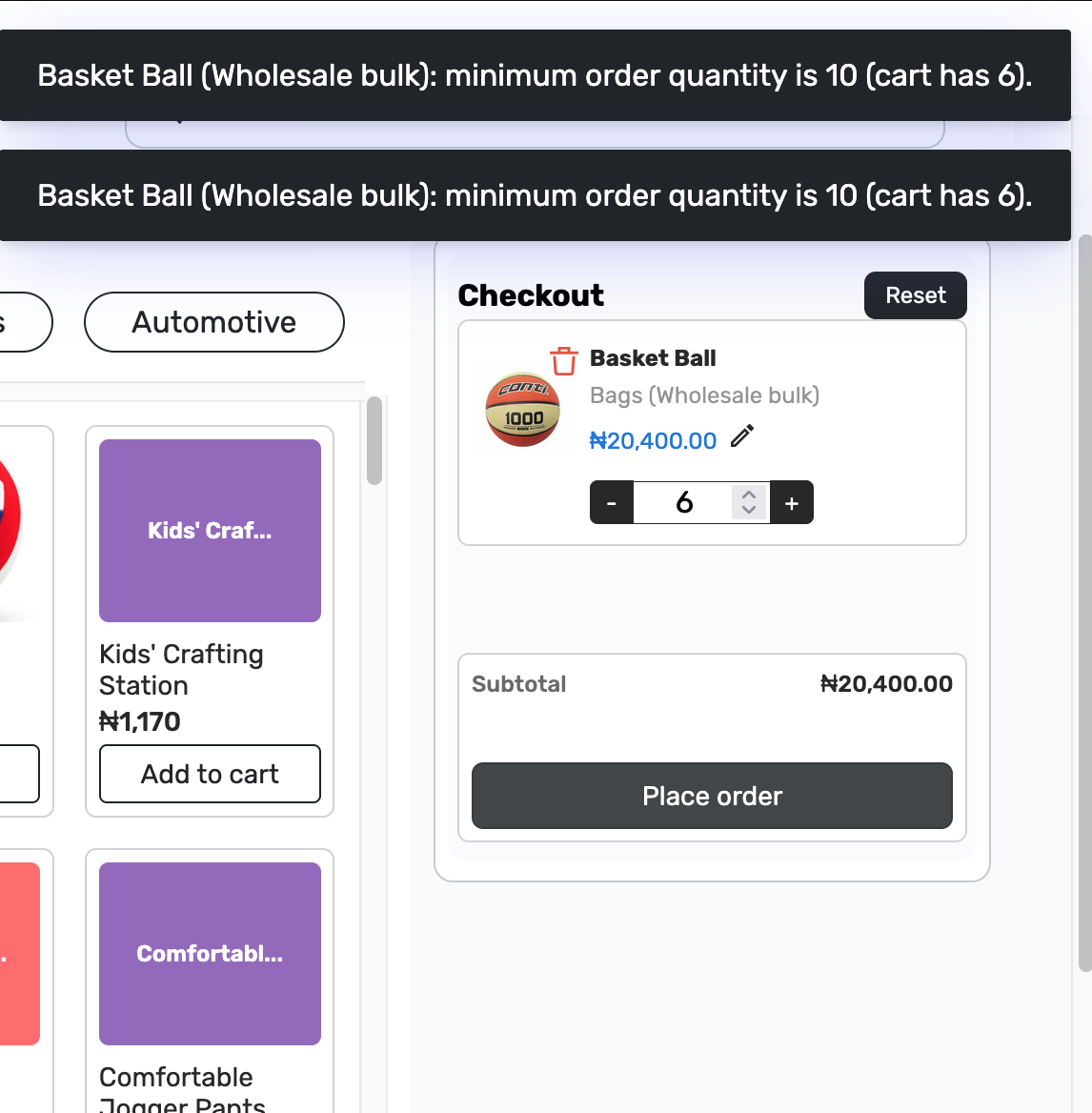 Checkout blocked because Wholesale bulk minimum order quantity is 10 and the cart has 6