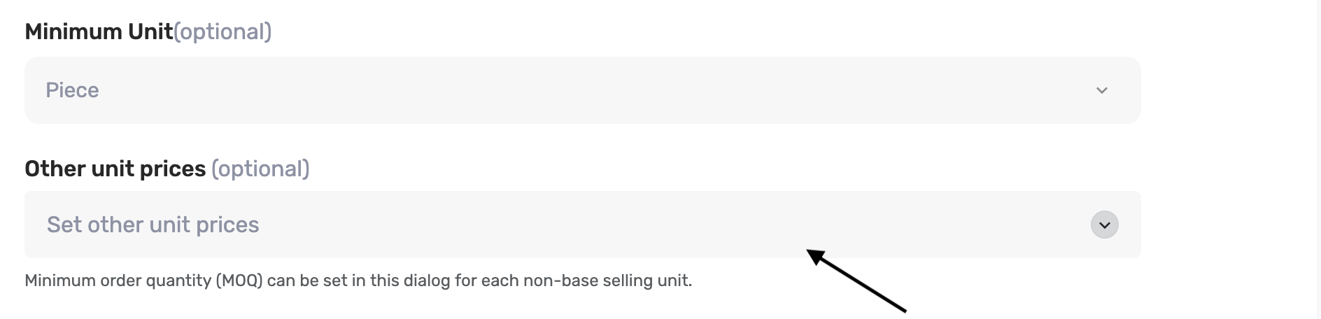 Arrow pointing to the Other unit prices row