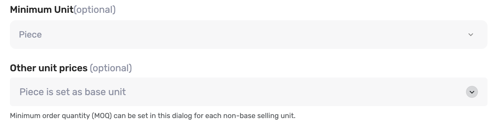 Other unit prices row now showing Piece is set as base unit