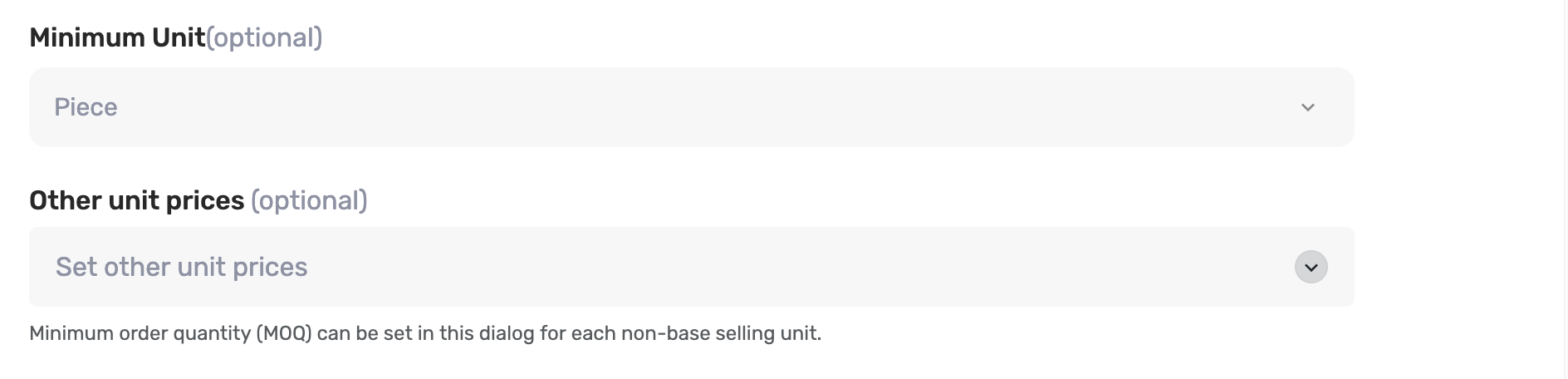 Other unit prices row showing Set other unit prices and the MOQ hint
